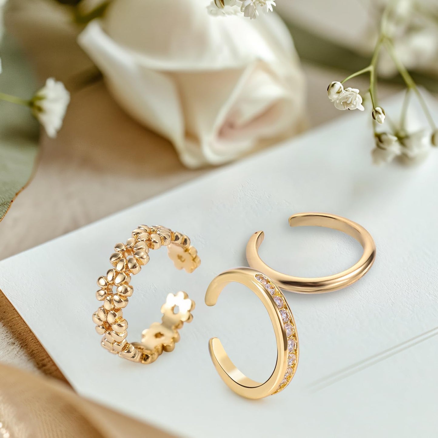 Manufacturer  3pcs Toe Rings Set for Women Non Tarnish, Gold Filled No Fading Adjustable 3 Styles Flowers Diamond Plain Open Toe Ring Summer Beach Jewelry Accessories for Foot   rings