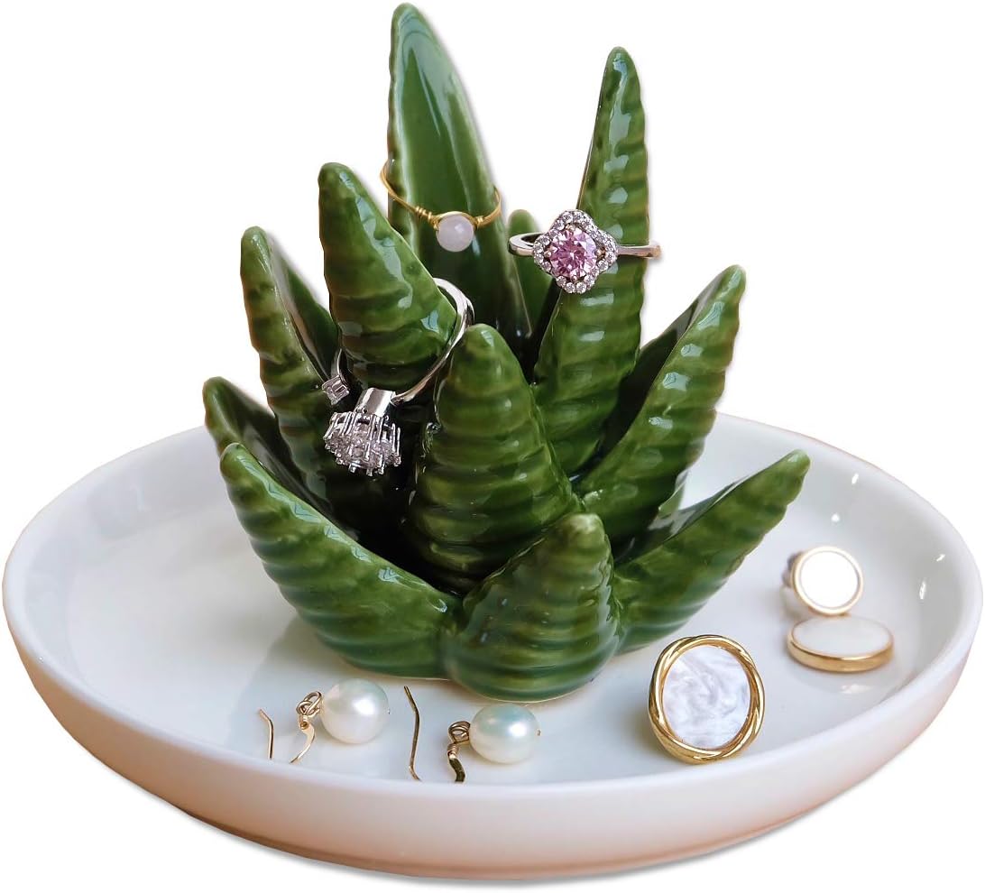 Manufacturer  PUDDING CABIN Aloe Ring Holder,Cactus Ring Dish,Jewelry Holder Trinket Tray for Rings Earrings Necklace Organizer,Bridesmaid Christmas Birthday Gift for Women Girls   rings