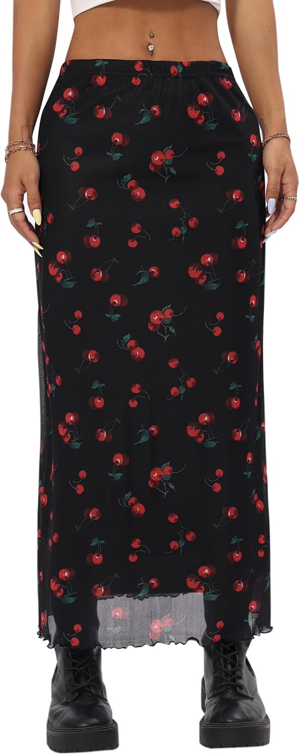 Manufacturer  Avanova Women Mesh Floral Boho High Waist Midi Skirt Lettuce Trim Summer A Line Skirts