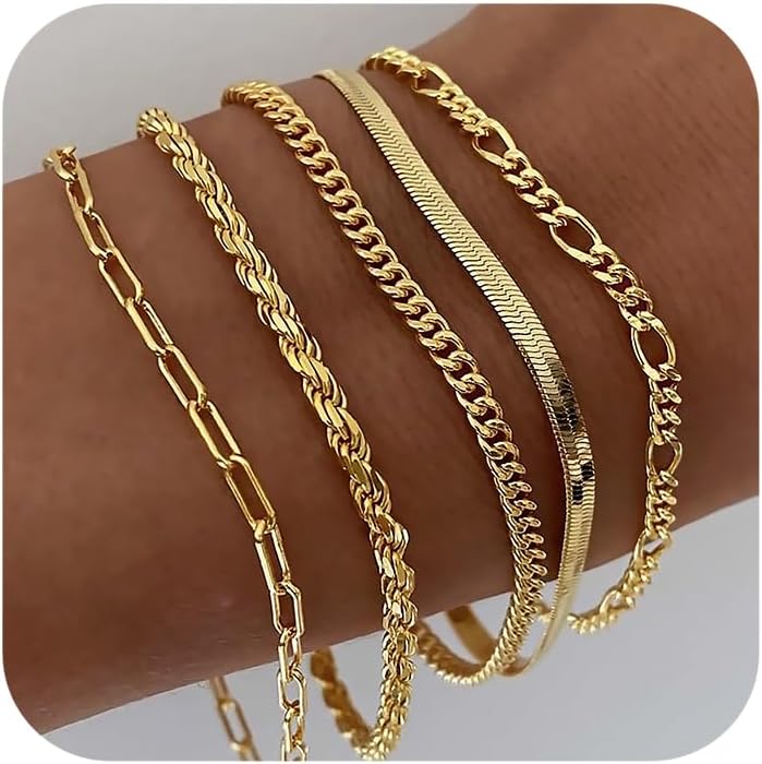 Manufacturer  DEARMAY Gold Bracelets for Women Waterproof, 14K Real Gold Jewelry Sets Trendy Thin Dainty Stackable Cuban Link Paperclip Chain Bracelet Pack Fashion Accessories Gifts for Womens  bracelets