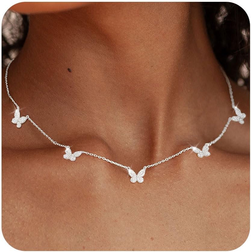 Manufacturer  FUNEIA Dainty Silver Gold Necklaces for Women Trendy Non Tarnish 14K Gold Plated Cubic Zirconia Necklace Layered Cute Butterfly Heart Station Choker Necklace Stack for Wedding Prom Brides Jewelry  Necklace