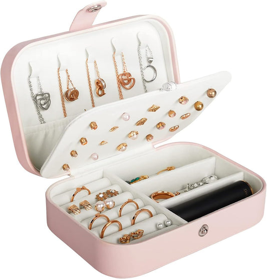 Manufacturer  Travel Jewelry Box, PU Leather Small Jewelry Organizer for Women Girls, Portable Mini Travel Case Display Storage Holder Boxes for Stud Earrings, Rings, Necklaces, Bracelets (Pink)   rings