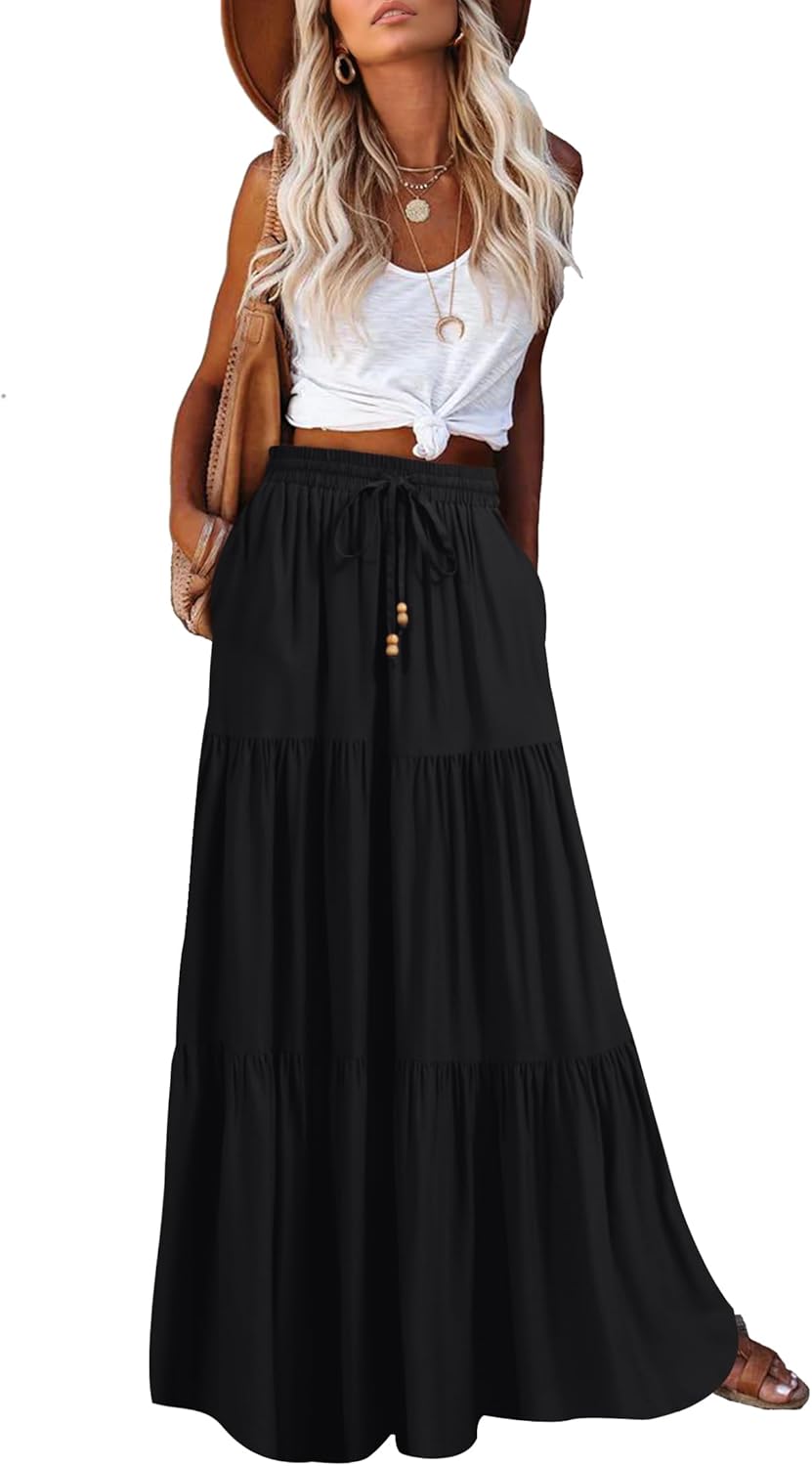 Manufacturer  HAEOF Women's Summer Boho Maxi Skirt A-Line Flowy Ruffle Tiered Elastic High Waist Beach Long Skirts with Pockets