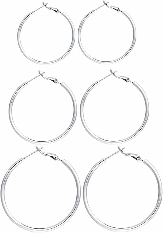 Manufacturer  3 Pairs Sterling Silver Hoop Earrings, 14K White Gold Plated Big Hoop Earrings Set for Women 40 50 60MM  earring