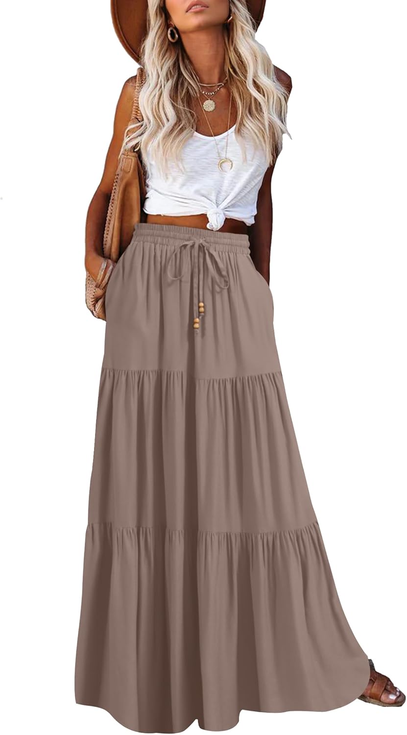 Manufacturer  HAEOF Women's Summer Boho Maxi Skirt A-Line Flowy Ruffle Tiered Elastic High Waist Beach Long Skirts with Pockets