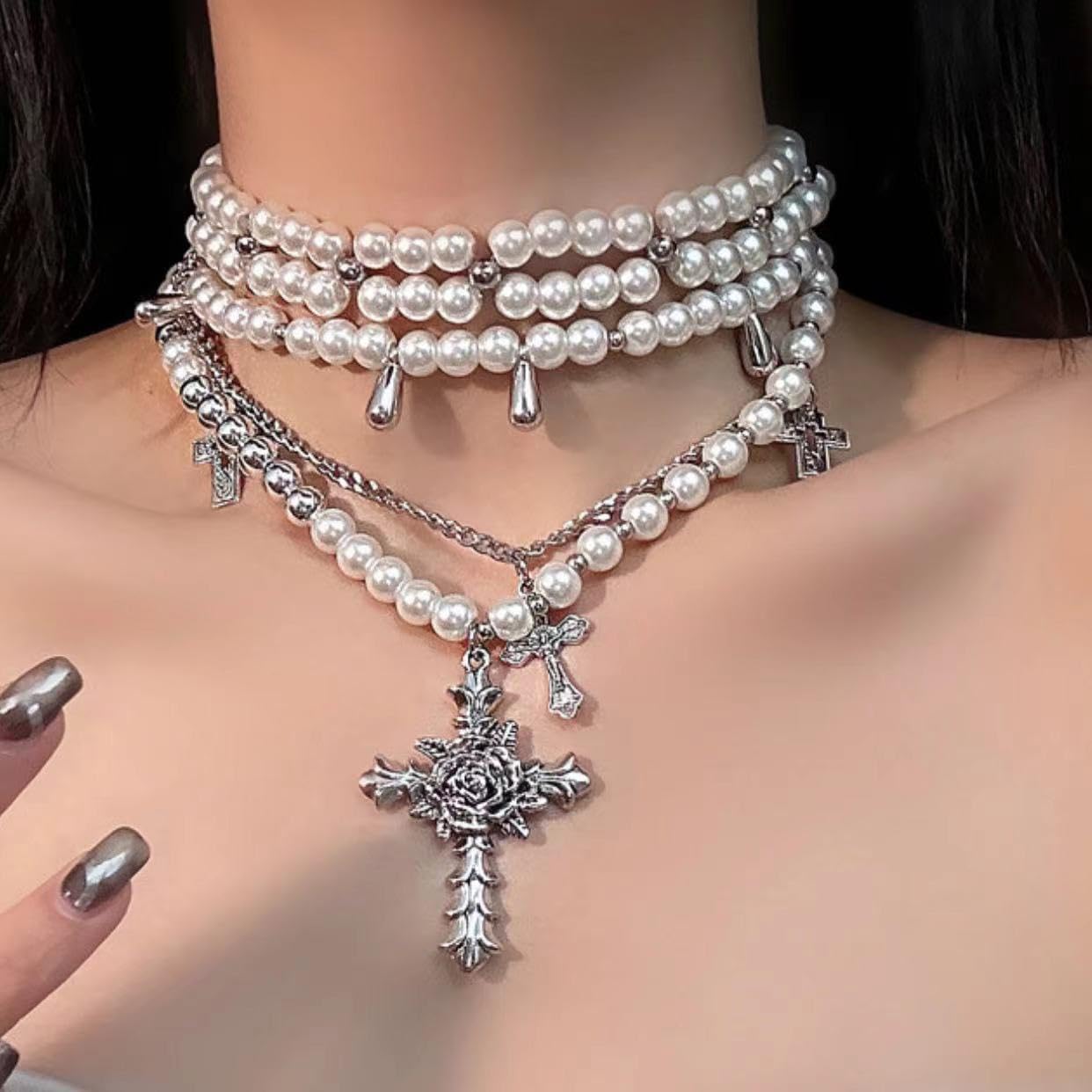 Manufacturer  Layered Pearl Necklace Gothic Cross Pearl Stacked Necklace for Women  Necklace