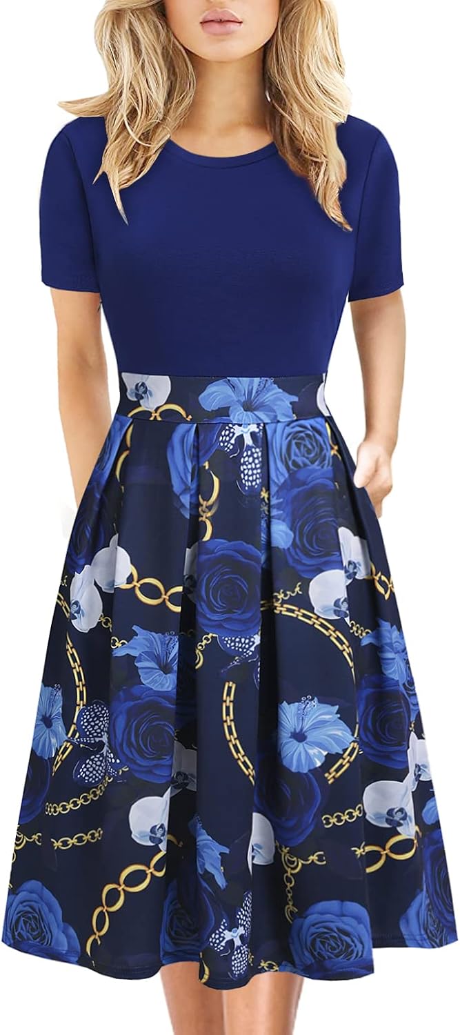 Manufacturer Women's Elegant Knee Length Dresses Vintage 50s Office Casual Floral Print Work Party A-Line Swing Dresses with Pockets 162