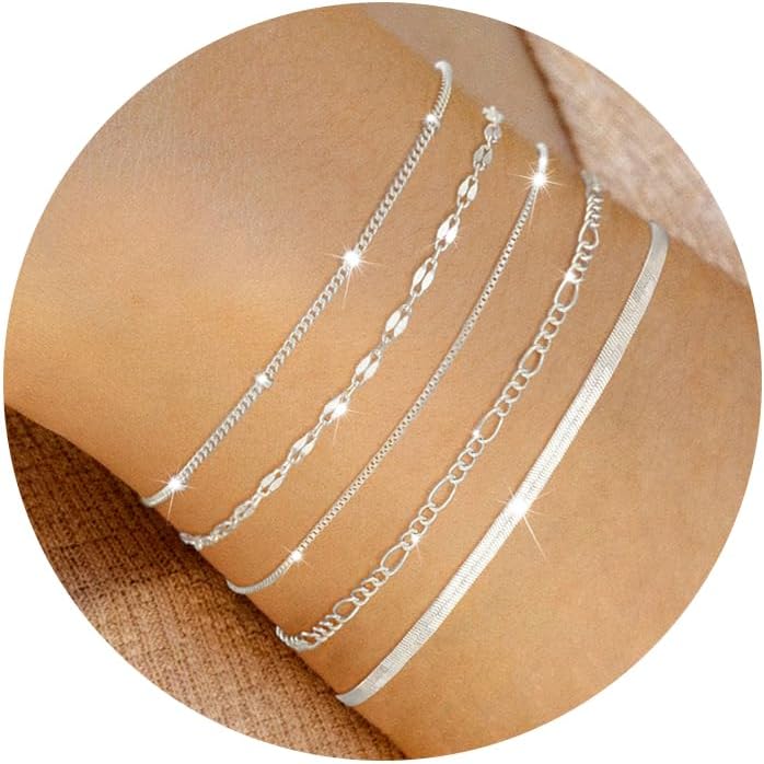 Manufacturer  MBW Silver Bracelet Set - Dainty 14K Silver Bracelets, Waterproof, Trendy Minimalist, Small Thin Bracelets for Women, Gift  bracelets