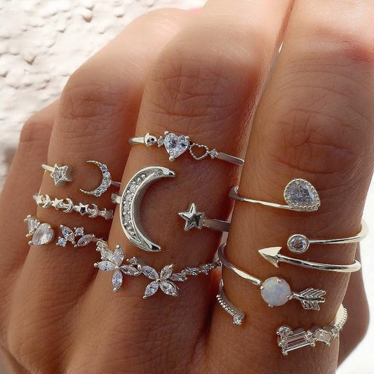 Manufacturer  CSIYSNJRY99 Dainty Silver Rings for Women Boho Stackable Star Moon Flower Silver Rings Set for Teens Vintage Crystal Knuckle Stacking Rings   rings