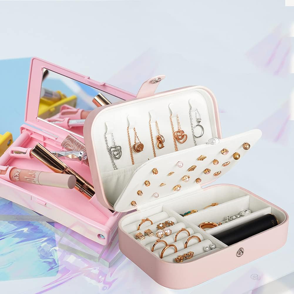 Manufacturer  Travel Jewelry Box, PU Leather Small Jewelry Organizer for Women Girls, Portable Mini Travel Case Display Storage Holder Boxes for Stud Earrings, Rings, Necklaces, Bracelets (Pink)   rings