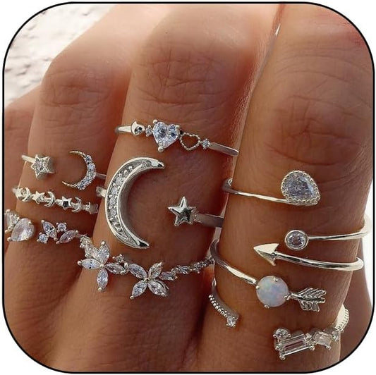 Manufacturer  CSIYSNJRY99 Dainty Silver Rings for Women Boho Stackable Star Moon Flower Silver Rings Set for Teens Vintage Crystal Knuckle Stacking Rings   rings