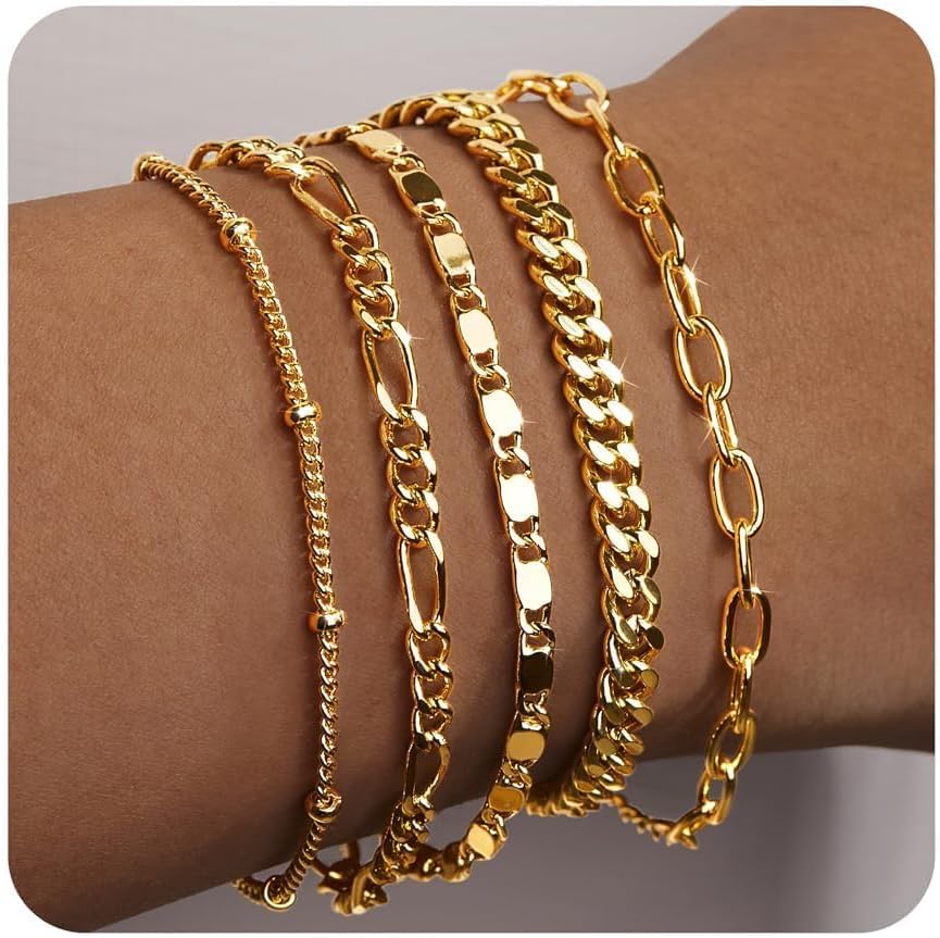Manufacturer  Gold Bracelets for Women Trendy,14K Real Gold Plated Dainty Stackable Paperclip Cuban Link Chain Bracelets,Cuff Bracelets Jewelry Set Adjustable 7"+2"  bracelets