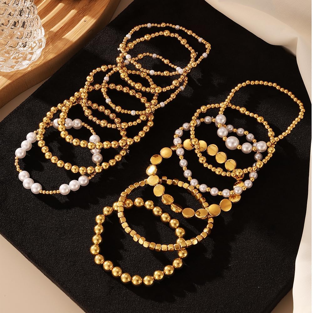 Manufacturer  KISS WIFE Gold Bracelets for Women Gold Bracelet Stack Pearl Beaded Bracelets for Women Strand Bead Ball Stretchable Elastic Bracelet Set Adjustable Fashion Accessories Jewelry for Gifts (Beads and Pearls)  bracelets