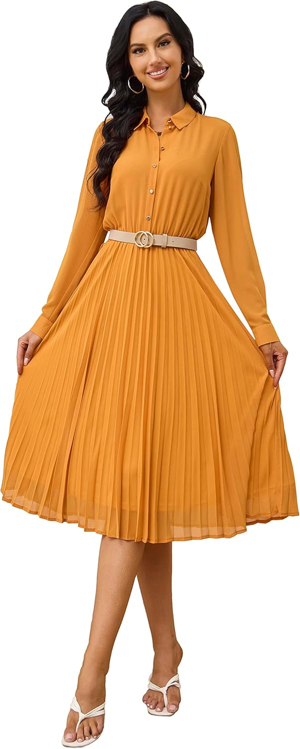 Manufacturer  Business Casual Shirt Dress for Women Long Sleeves Pleated Midi Dresses with Belt dresses