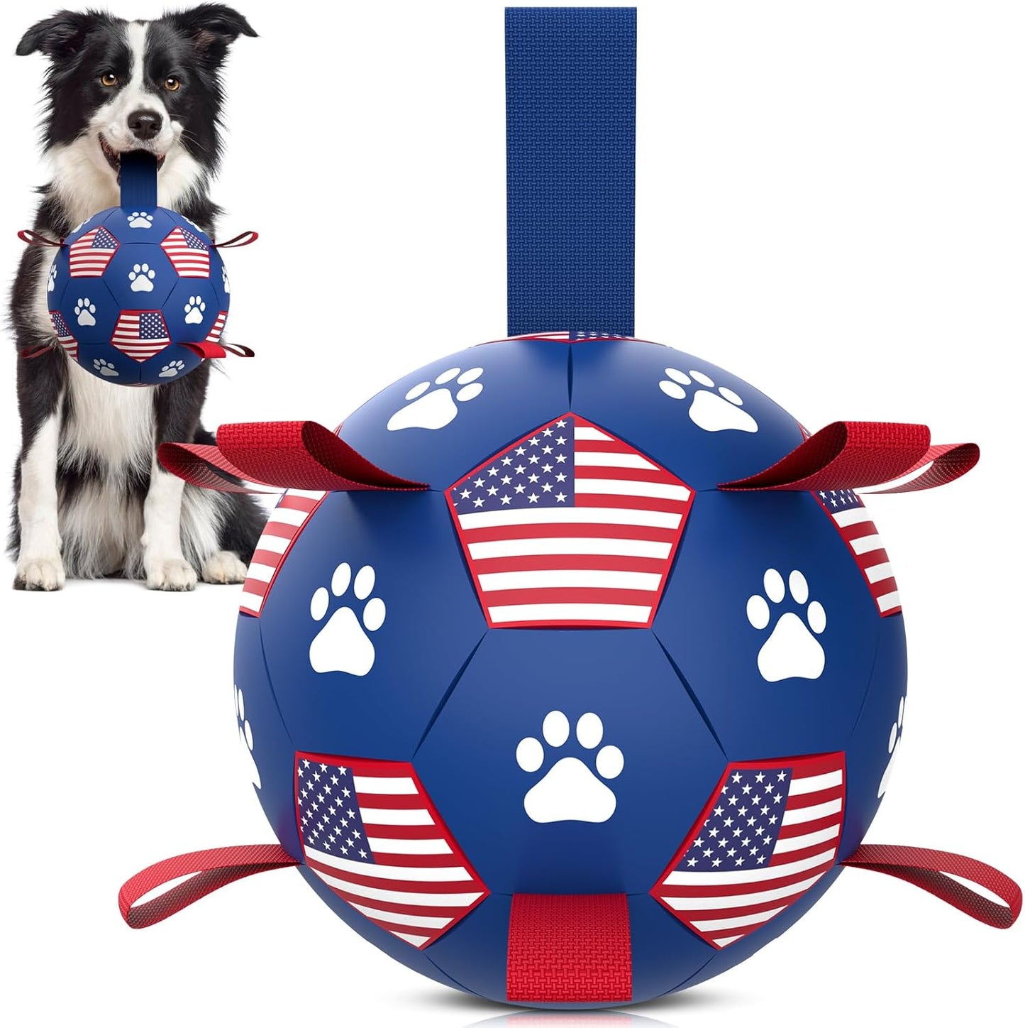 Manufacturer   QDAN Premium Dog Toys Balls, Dog Soccer Ball with Straps, Dog Birthday Gifts, Herding Ball, Durable Balls for Small Medium Pet, Puppy Outdoor Toy, Pet Training Soccer Ball, World Cup Soccer (6 Inch)    Dog toy