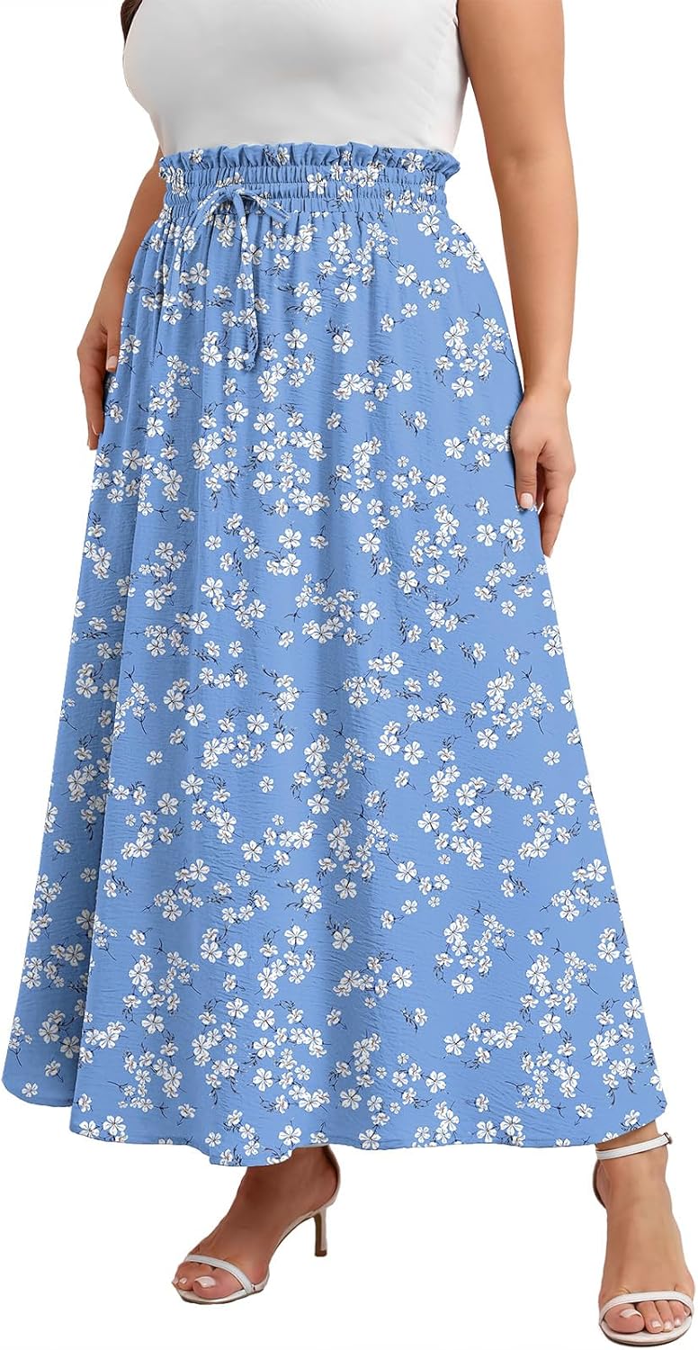 Xpenyo Womens Plus Size Maxi Skirts Summer Elastic High Waisted Boho Casual Beach Flowy Swing Long Skirts with Pockets