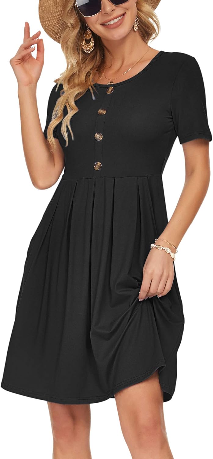 Manufacturer  AUSELILY Women's Short Sleeve Summer Dress Pleated Button Down Knee Length Dresses with Pockets New dresses