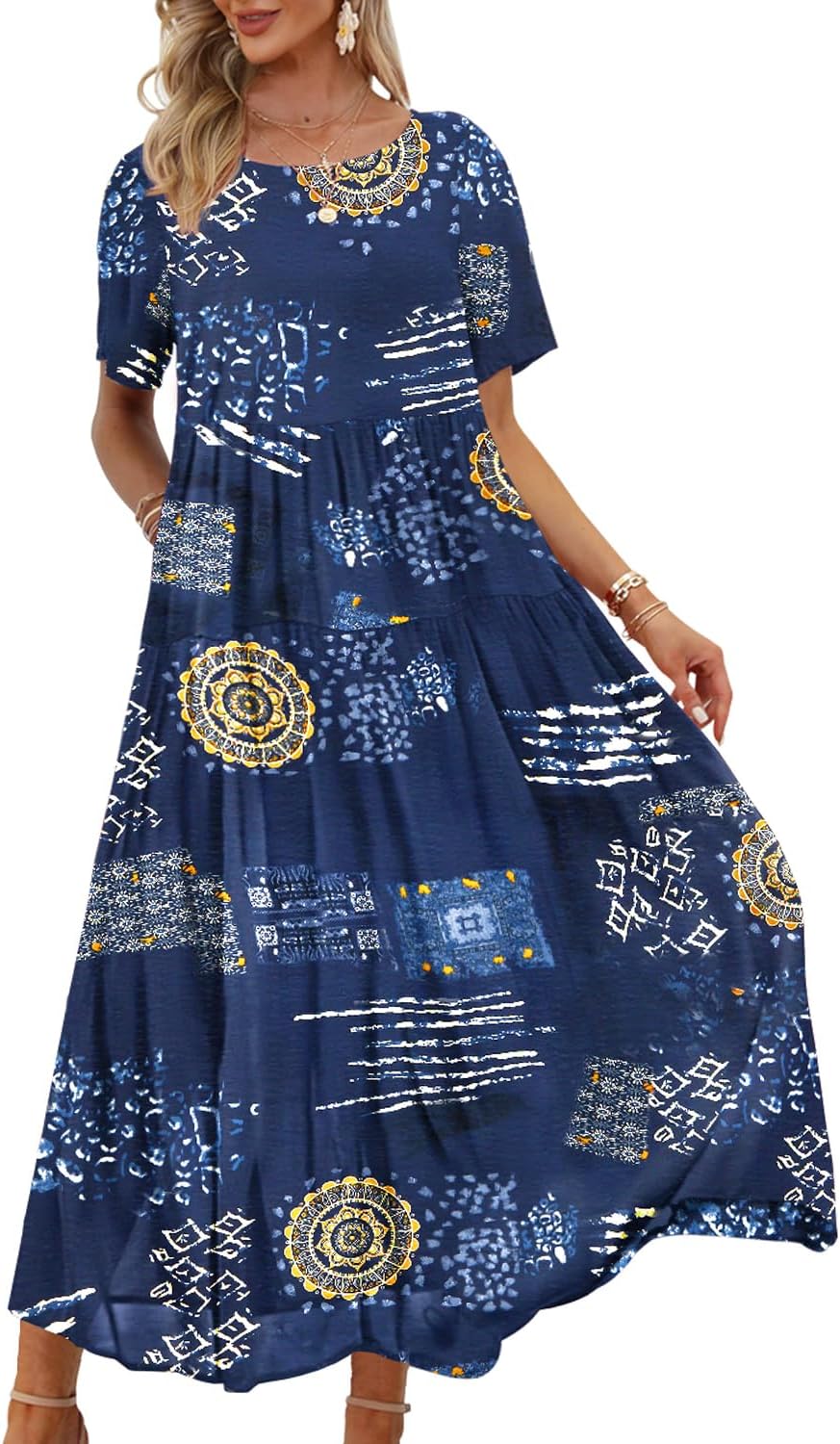 Manufacturer  YESNO Women Casual Loose Bohemian Floral Dress with Pockets Short Sleeve Long Maxi Summer Beach Swing Dress EJF dresses