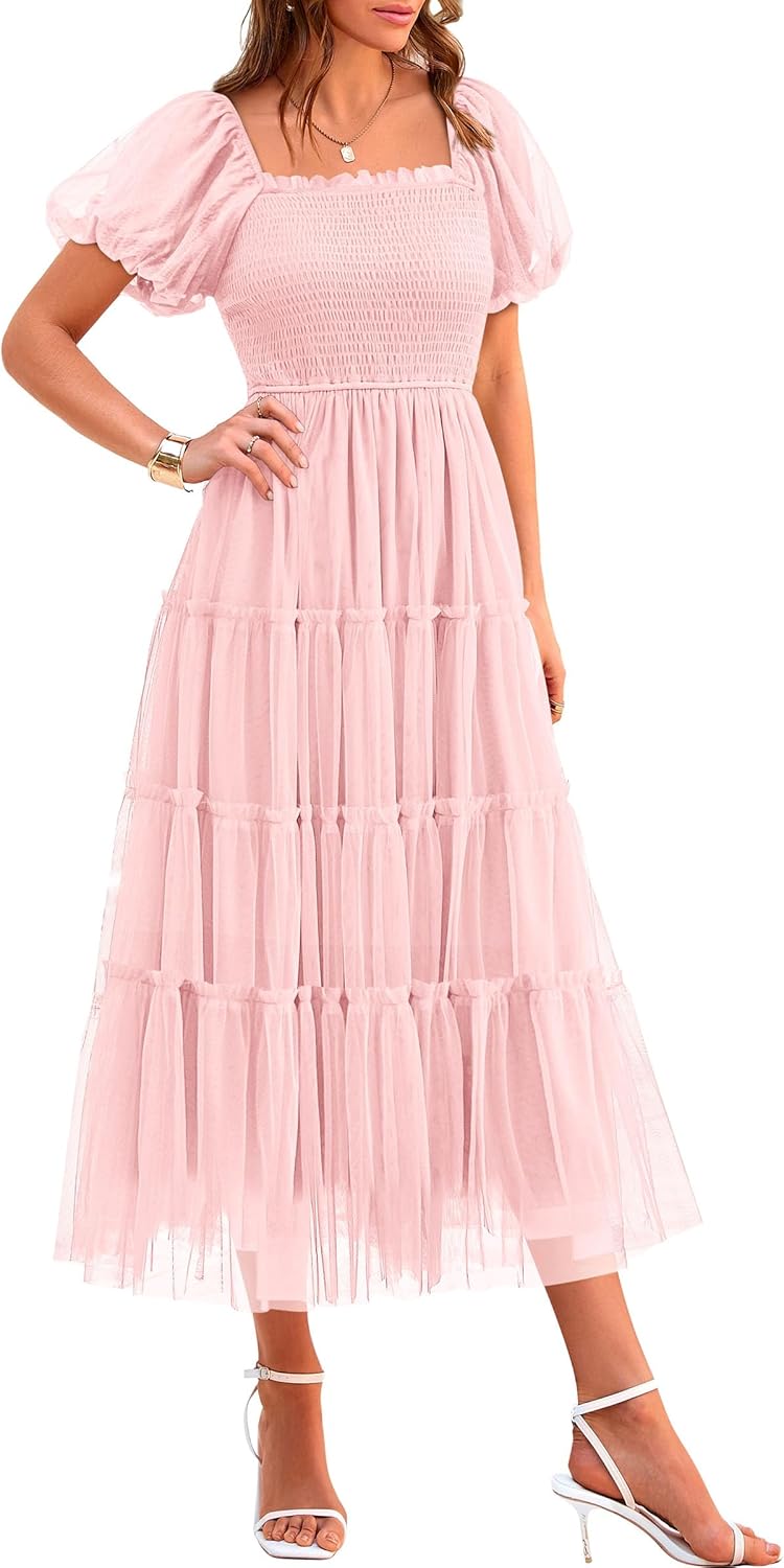 Manufacturer  PRETTYGARDEN Women's Smocked Midi Tulle Dress 2025 Summer Puffy Short Sleeve Square Neck Ruffle Wedding Guest Party Dresses dresses