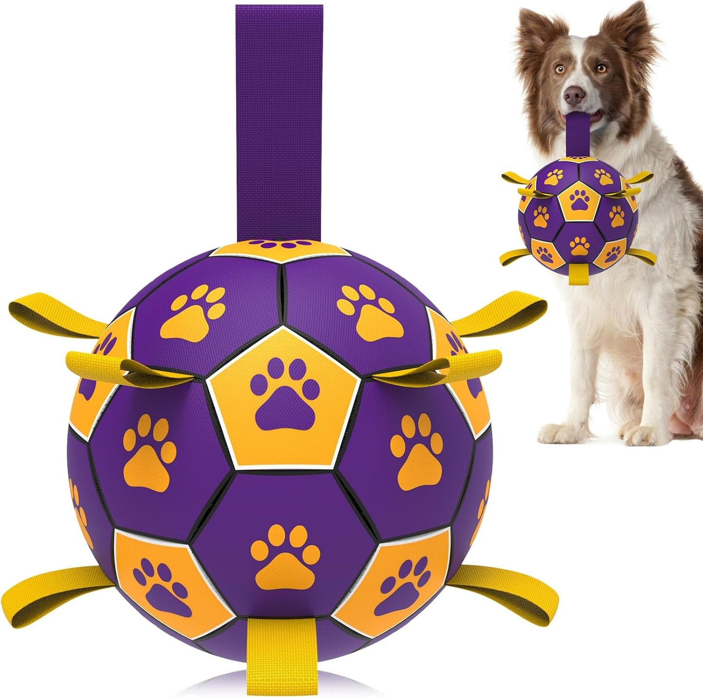 Manufacturer   QDAN Premium Dog Toys Balls, Dog Soccer Ball with Straps, Dog Birthday Gifts, Herding Ball, Durable Balls for Small Medium Pet, Puppy Outdoor Toy, Pet Training Soccer Ball, World Cup Soccer (6 Inch)    Dog toy