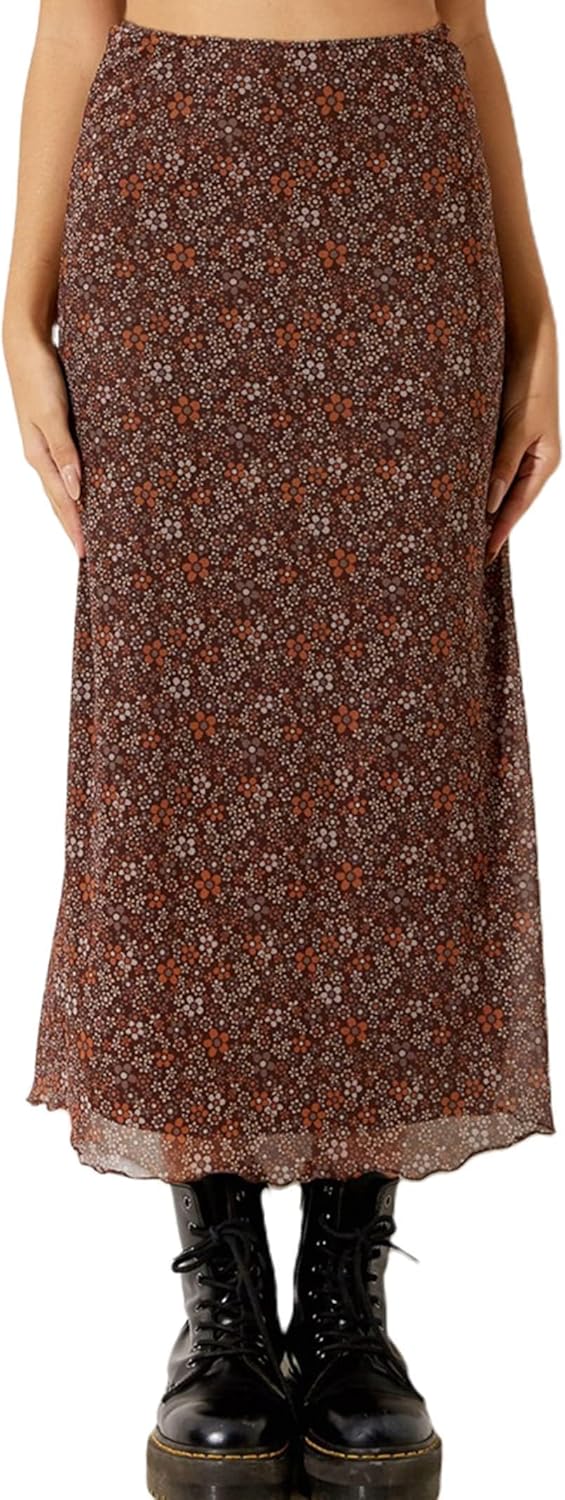 Manufacturer  Avanova Women Mesh Floral Boho High Waist Midi Skirt Lettuce Trim Summer A Line Skirts