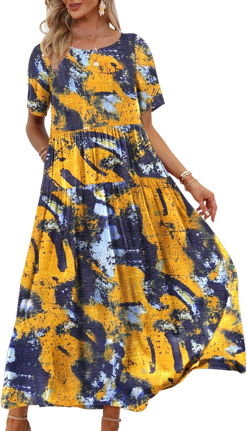 Manufacturer  YESNO Women Casual Loose Bohemian Floral Dress with Pockets Short Sleeve Long Maxi Summer Beach Swing Dress EJF dresses