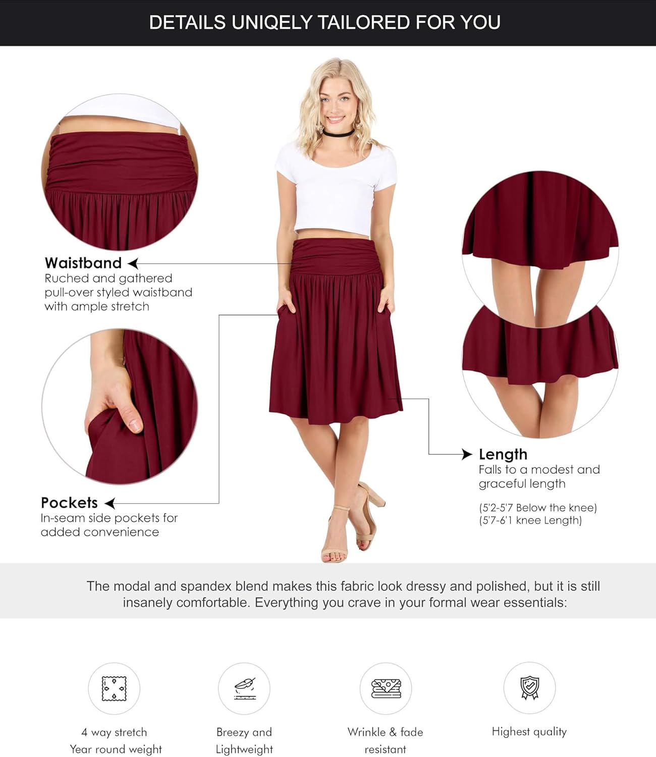 Manufacturer  Simlu Skirts for Women Regular and Plus Size Skirt with Pockets Below The Knee Length Ruched Flowy Midi Skirts