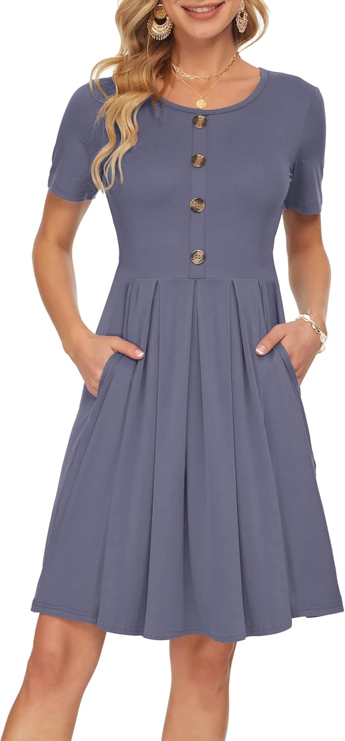 Manufacturer  AUSELILY Women's Short Sleeve Summer Dress Pleated Button Down Knee Length Dresses with Pockets New dresses