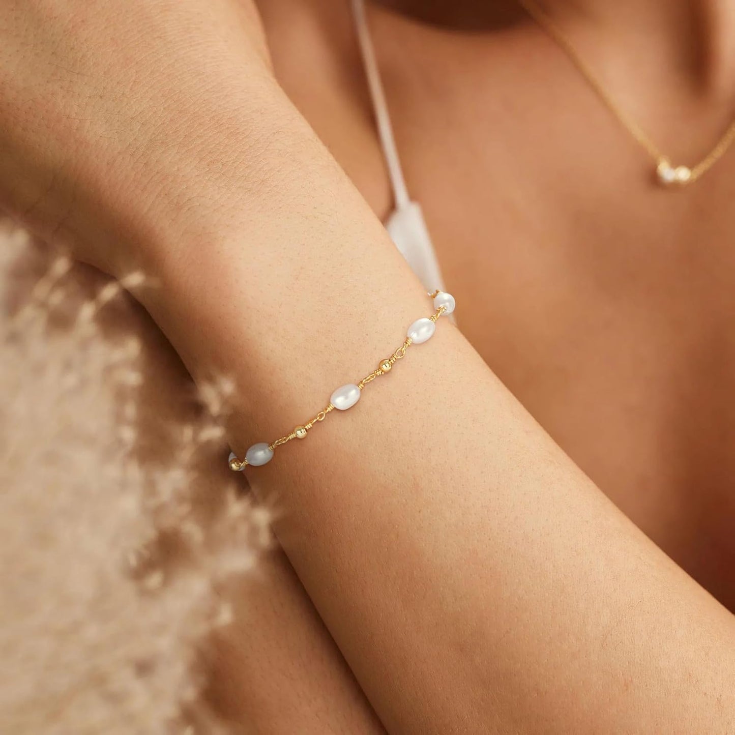 Manufacturer  SLOONG Gold Bracelets for Women Trendy, 14K Real Gold Plated Dainty Stackable Pearl Snake Chain CZ Heart Pendant Bracelets, Layered Waterproof Jewelry Gift for Women Adjustable 6"+2"  bracelets