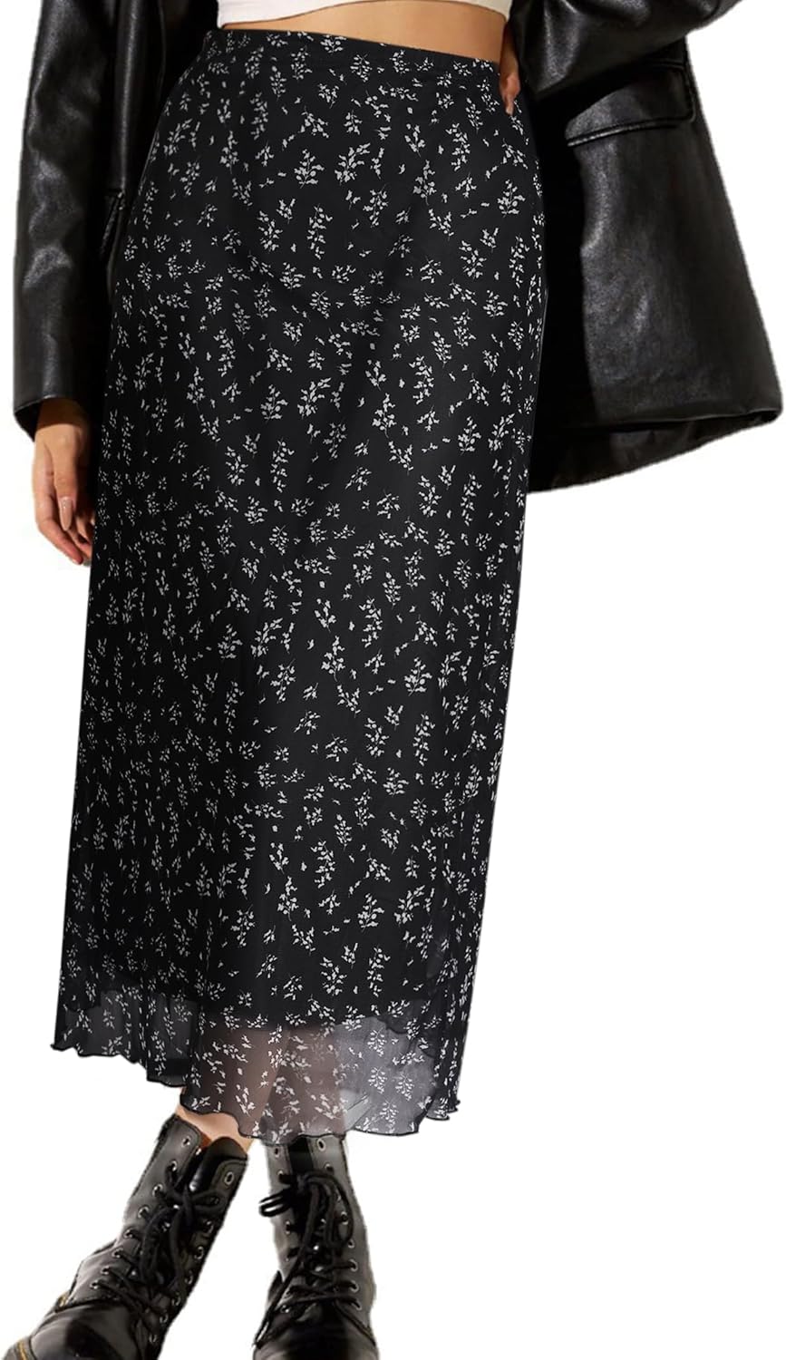 Manufacturer  Avanova Women Mesh Floral Boho High Waist Midi Skirt Lettuce Trim Summer A Line Skirts