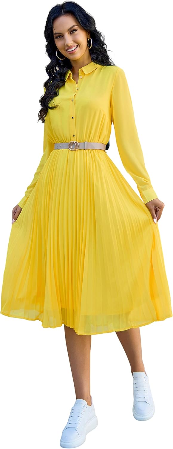 Manufacturer  Business Casual Shirt Dress for Women Long Sleeves Pleated Midi Dresses with Belt dresses