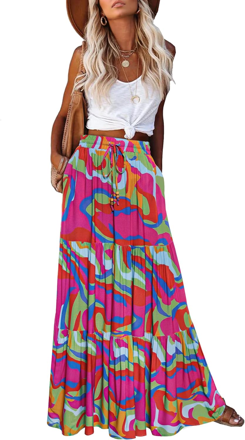Manufacturer  HAEOF Women's Summer Boho Maxi Skirt A-Line Flowy Ruffle Tiered Elastic High Waist Beach Long Skirts with Pockets