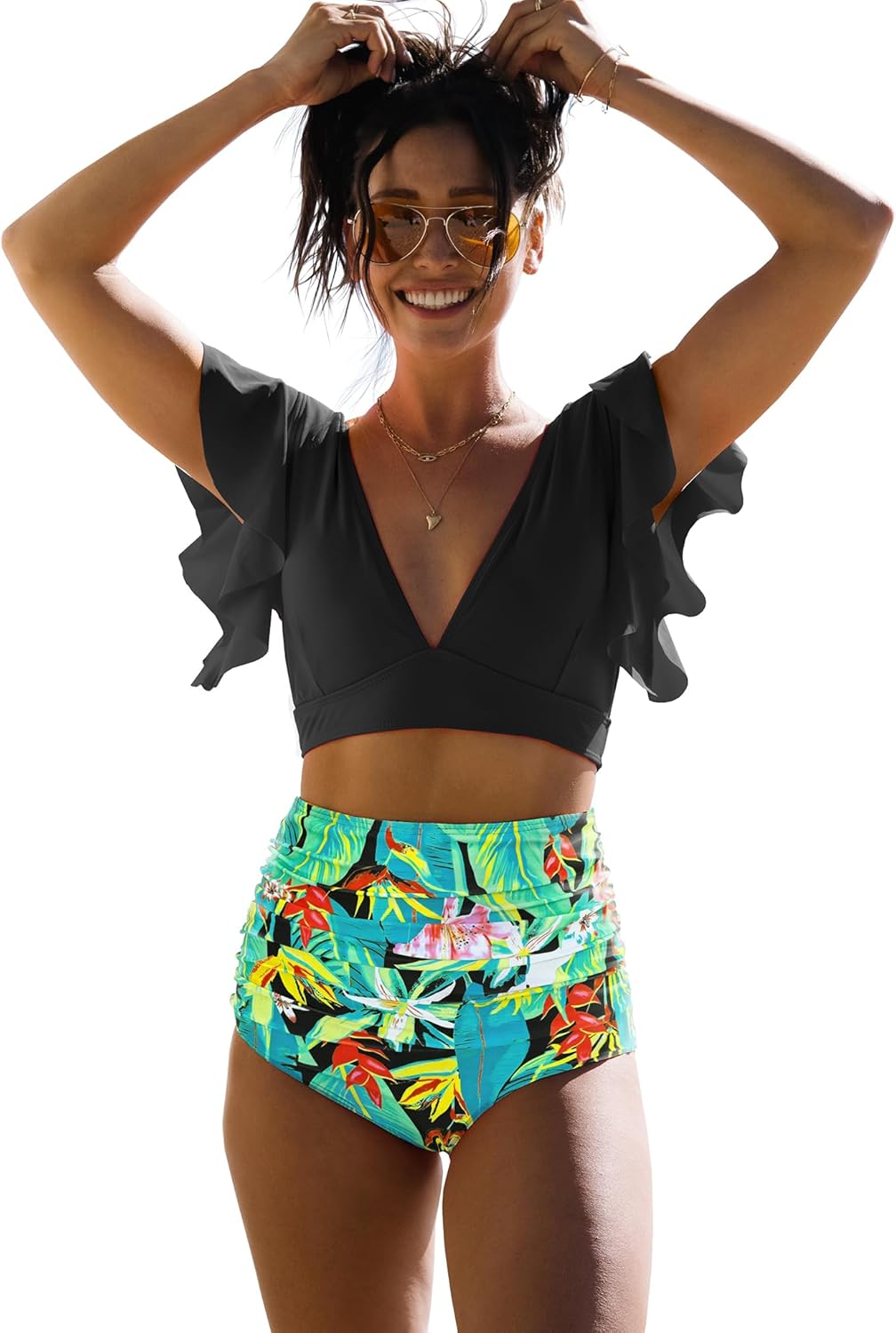 Manufacturer  SPORLIKE Women Ruffle High Waist Swimsuit Two Pieces Push Up Tropical Print Bikini  Swimsuit