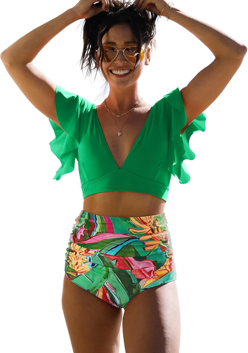 Manufacturer  SPORLIKE Women Ruffle High Waist Swimsuit Two Pieces Push Up Tropical Print Bikini  Swimsuit