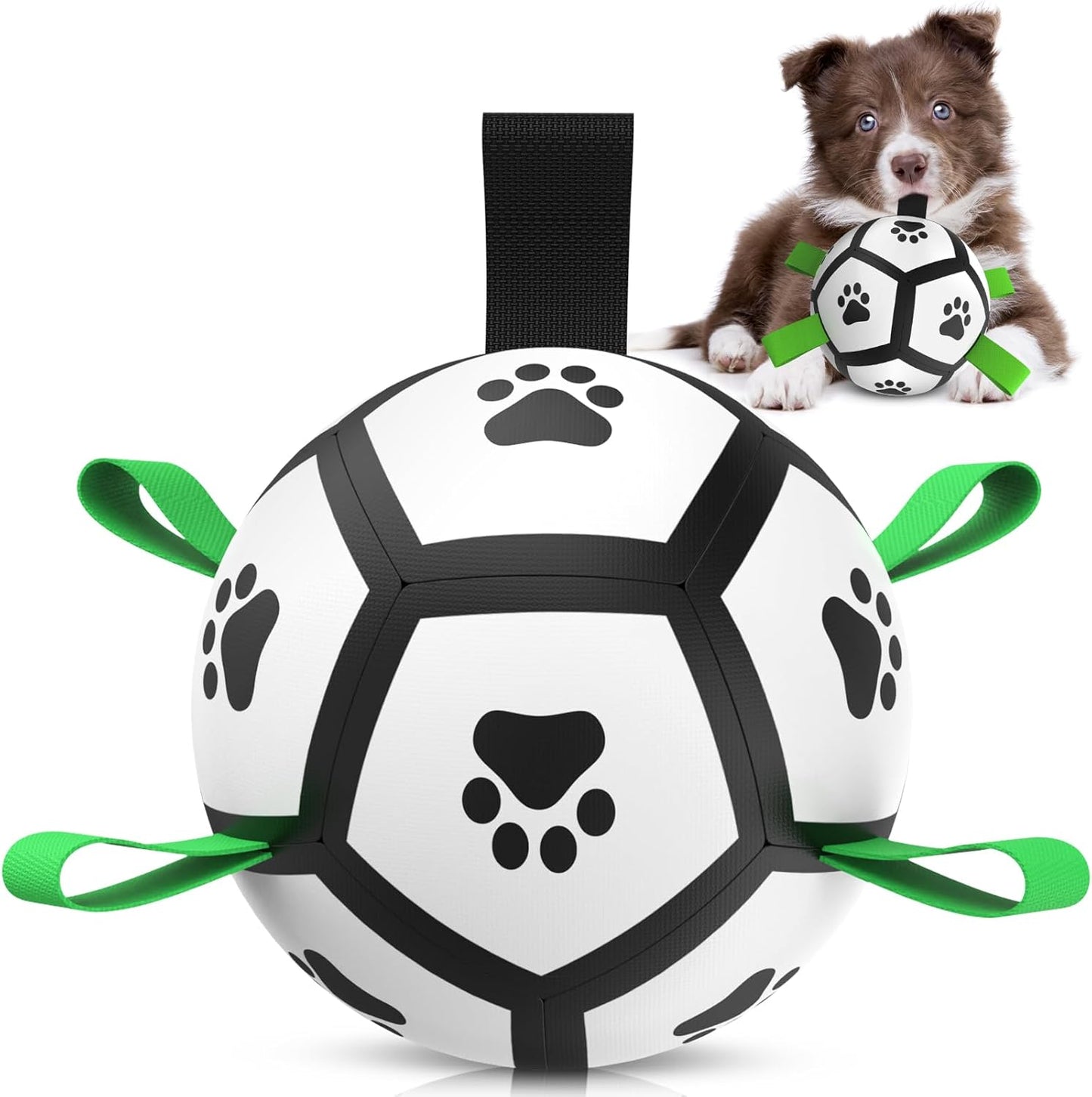 Manufacturer   QDAN Premium Dog Toys Balls, Dog Soccer Ball with Straps, Dog Birthday Gifts, Herding Ball, Durable Balls for Small Medium Pet, Puppy Outdoor Toy, Pet Training Soccer Ball, World Cup Soccer (6 Inch)    Dog toy