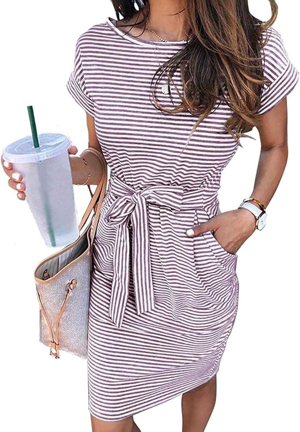 Manufacturer  MEROKEETY Women's Summer Striped Short Sleeve T Shirt Dress Casual Tie Waist with Pockets dresses