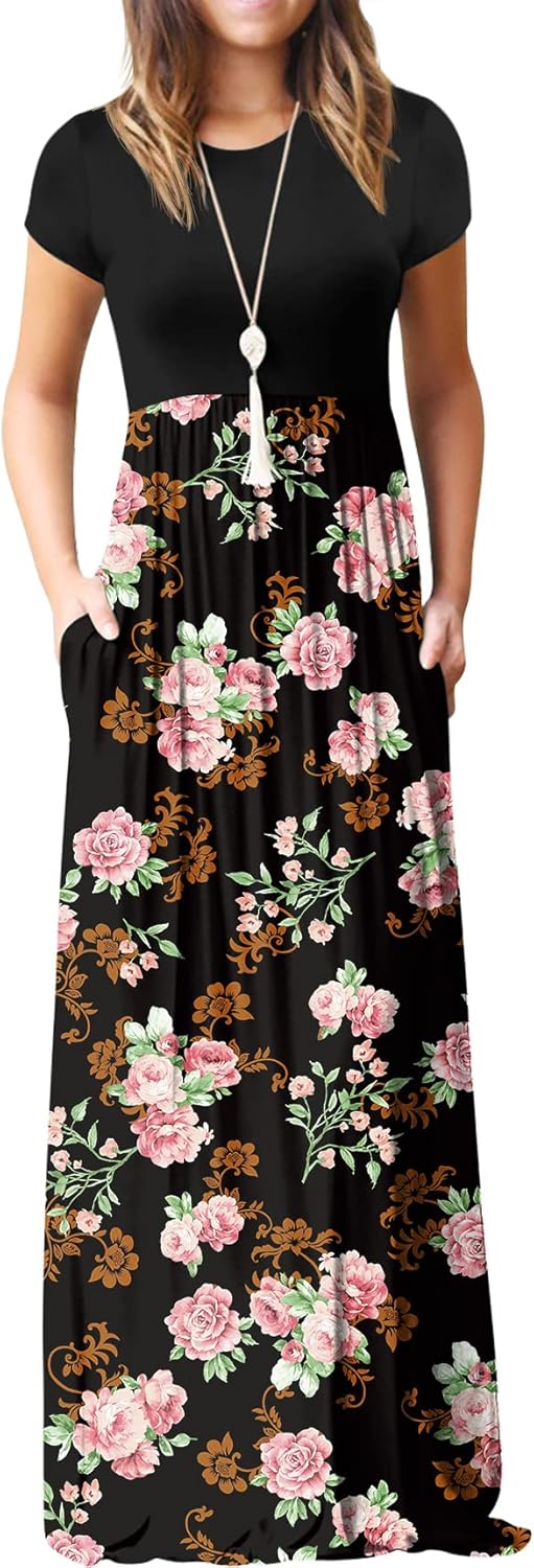 Manufacturer  GRECERELLE Women Summer Crew Neck Casual Short Sleeve Solid Floral Print Long Maxi Dress with Pockets dresses
