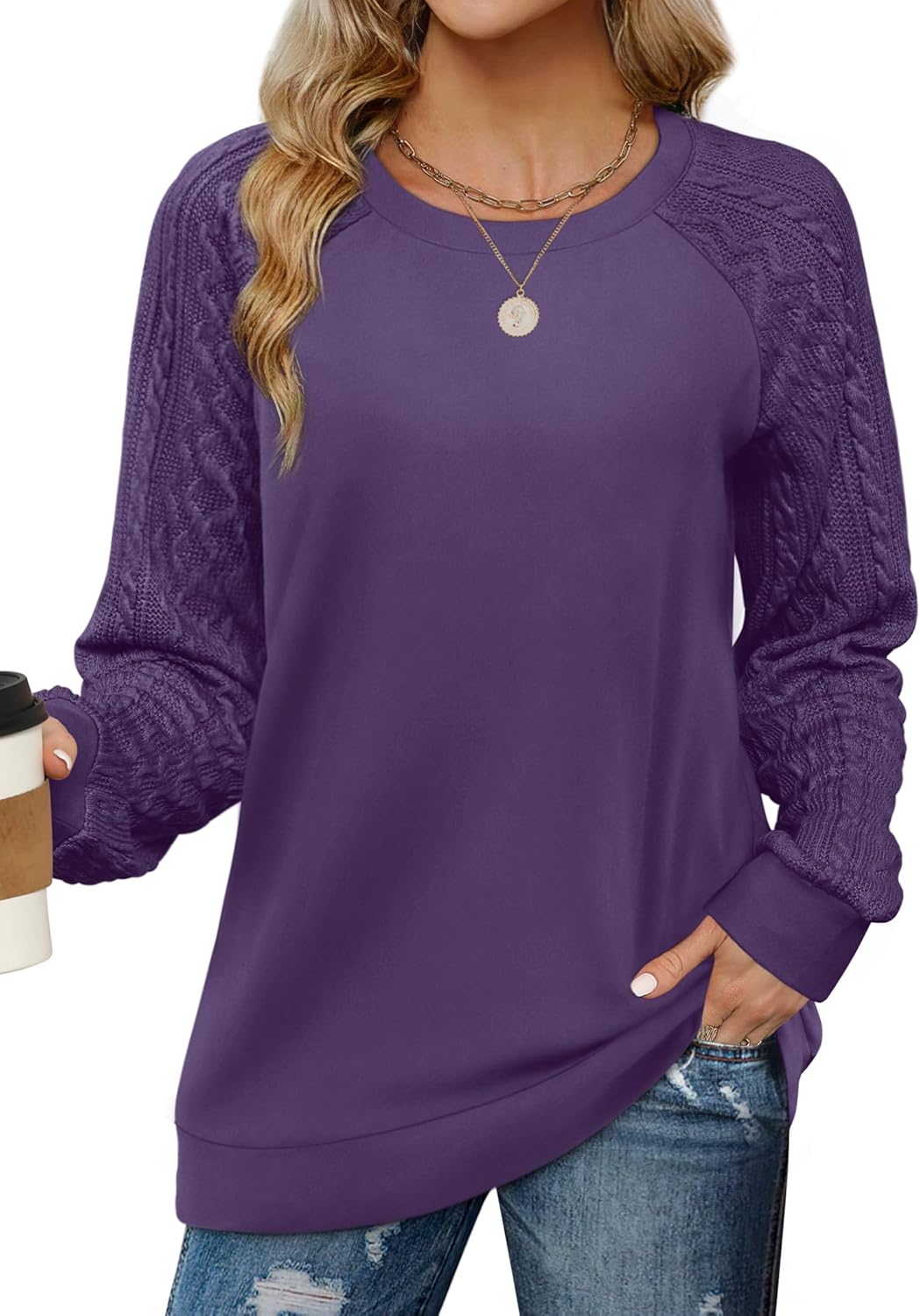 Manufacturer  Saloogoe Sweatshirts for Women Crewneck Cable Knit Sleeve Sweaters Lightweight Fashion   sweaters