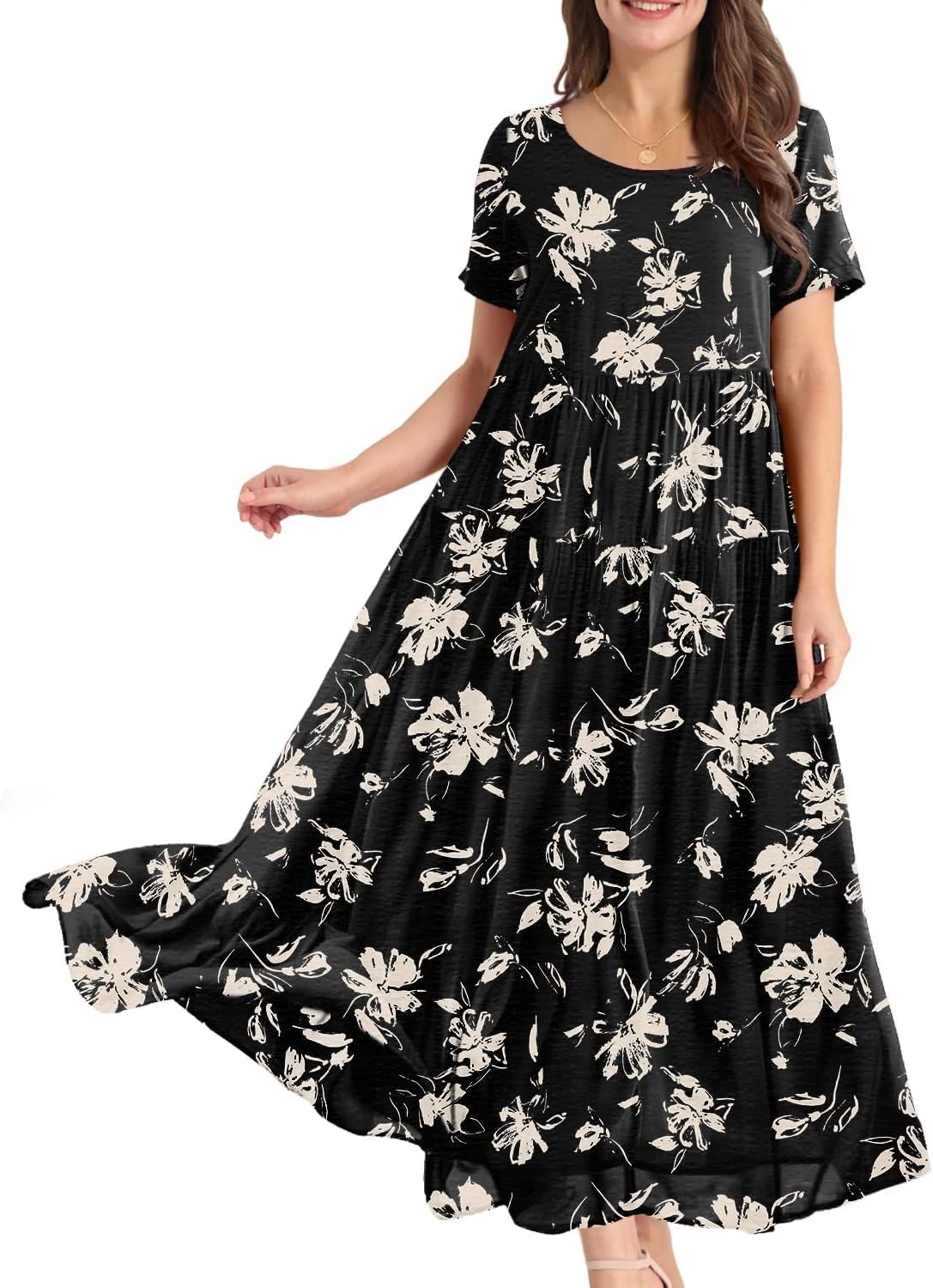 Manufacturer  YESNO Women Casual Loose Bohemian Floral Dress with Pockets Short Sleeve Long Maxi Summer Beach Swing Dress EJF dresses