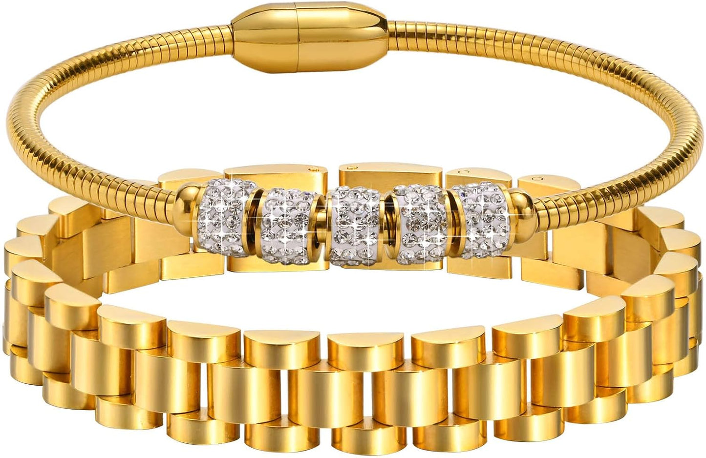Manufacturer  MPRAINBOW 2pcs Gold Chain Link Bracelet, Stainless Steel Crystal Friendship Bracelets Bangle,Watch Band Chains Wristband Jewelry with Adjust Tool  bracelets