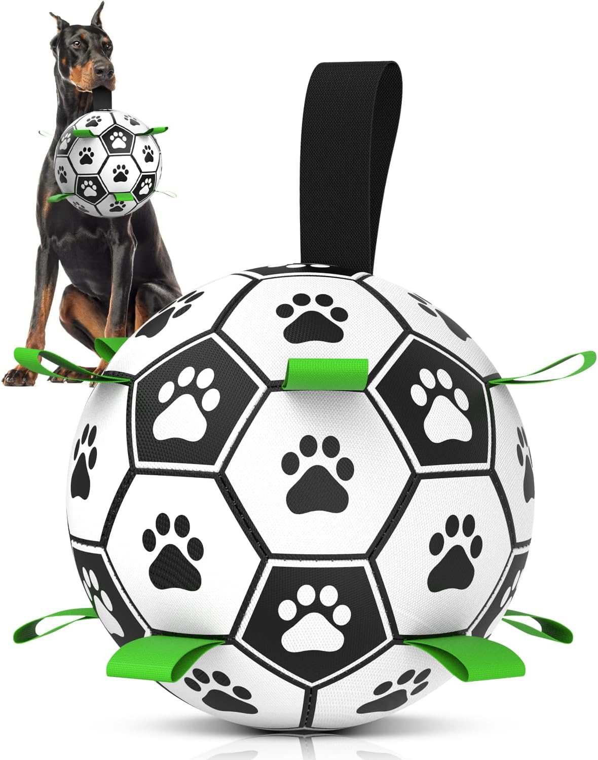 Manufacturer   QDAN Premium Dog Toys Balls, Dog Soccer Ball with Straps, Dog Birthday Gifts, Herding Ball, Durable Balls for Small Medium Pet, Puppy Outdoor Toy, Pet Training Soccer Ball, World Cup Soccer (6 Inch)    Dog toy