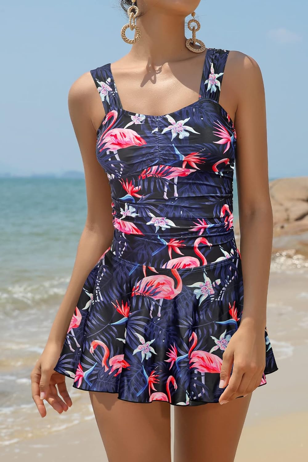 Manufacturer  SHEKINI Women's One Piece Swimdress Tummy Control Ruched Open Back Swimsuits Printing Bathing Suit  Swimsuit