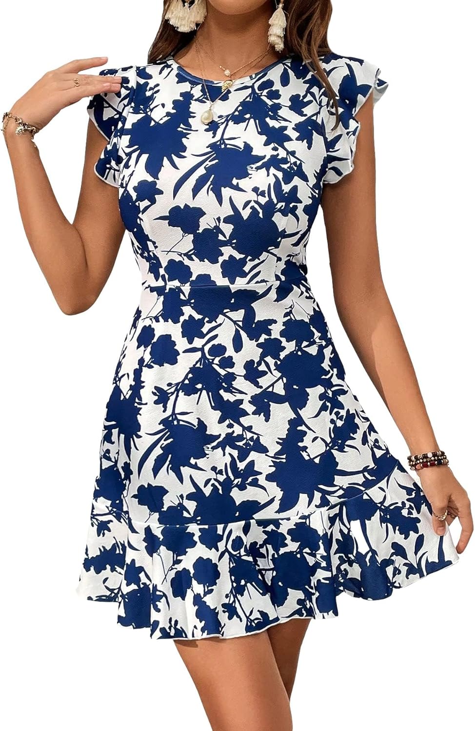 Manufacturer  Floerns Women's V Back Inslace Layered Ruffle Hem Flutter Sleeve Dresses