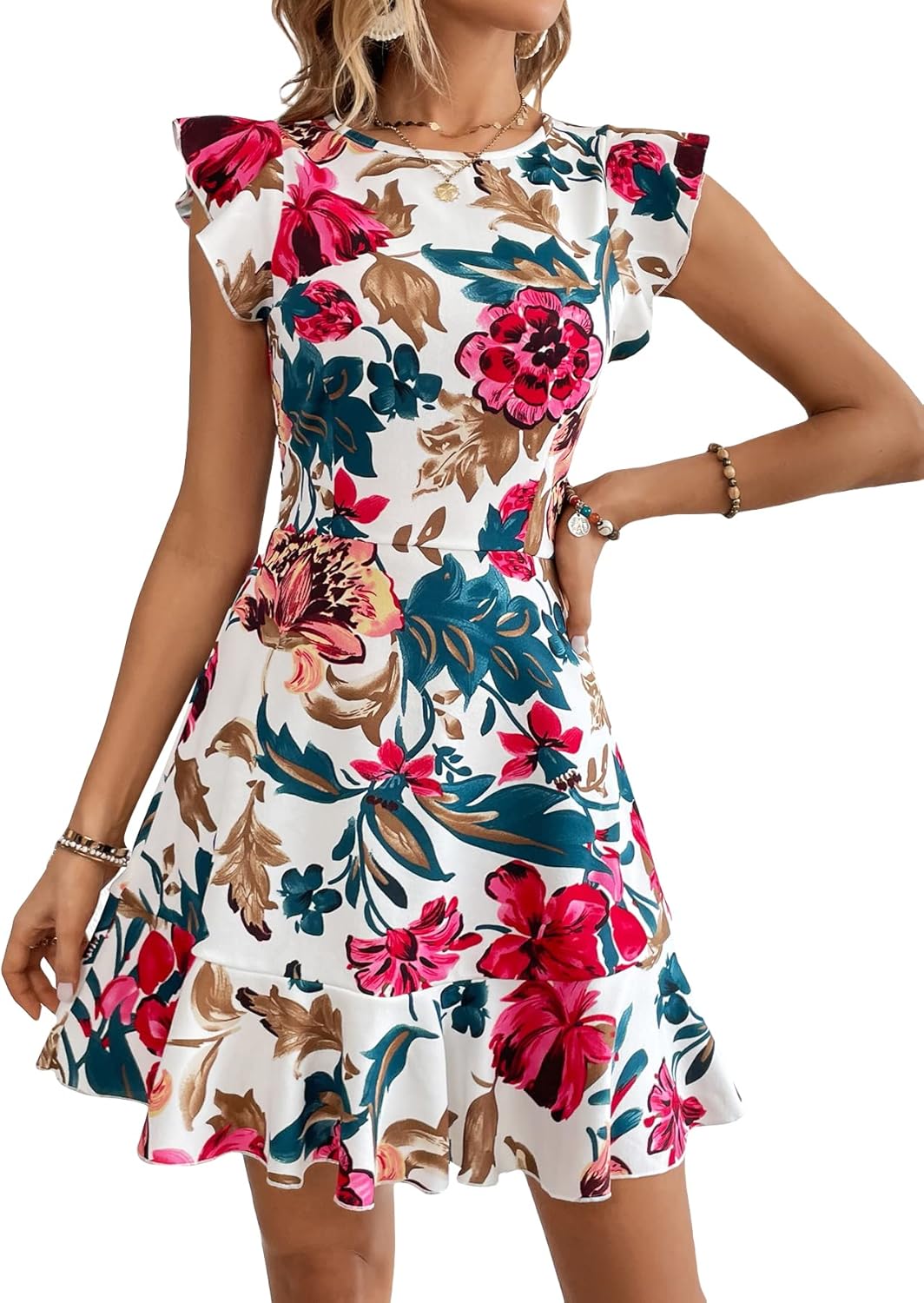 Manufacturer  Floerns Women's V Back Inslace Layered Ruffle Hem Flutter Sleeve Dresses