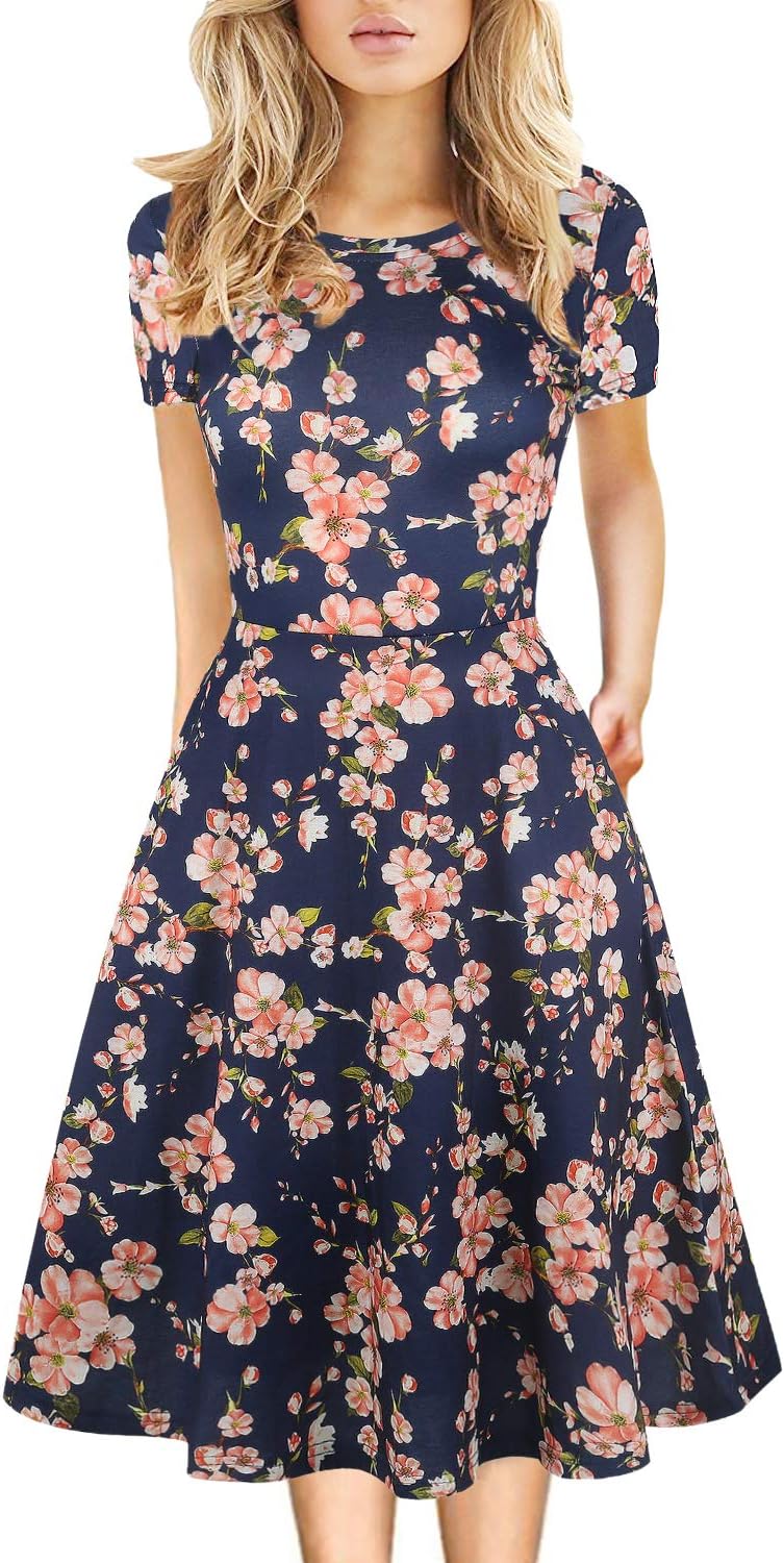 Manufacturer Women's Elegant Knee Length Dresses Vintage 50s Office Casual Floral Print Work Party A-Line Swing Dresses with Pockets 162