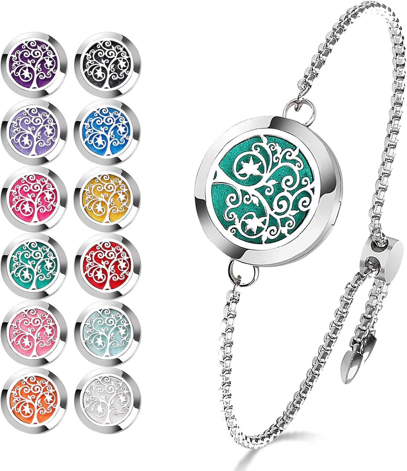 Manufacturer  ttstar Essential Oil Diffuser Bracelet Stainless Steel Aromatherapy Locket Adjustable Diffuser Bracelet with 24pcs Refill Pads in 12 Colors Gift Set for Women Girls Mother's Day Christma(Tree of Hope)  bracelets