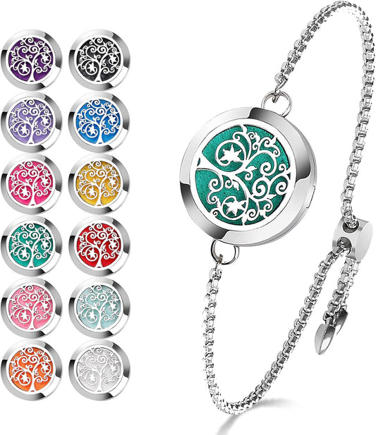 Manufacturer  ttstar Essential Oil Diffuser Bracelet Stainless Steel Aromatherapy Locket Adjustable Diffuser Bracelet with 24pcs Refill Pads in 12 Colors Gift Set for Women Girls Mother's Day Christma(Tree of Hope)  bracelets
