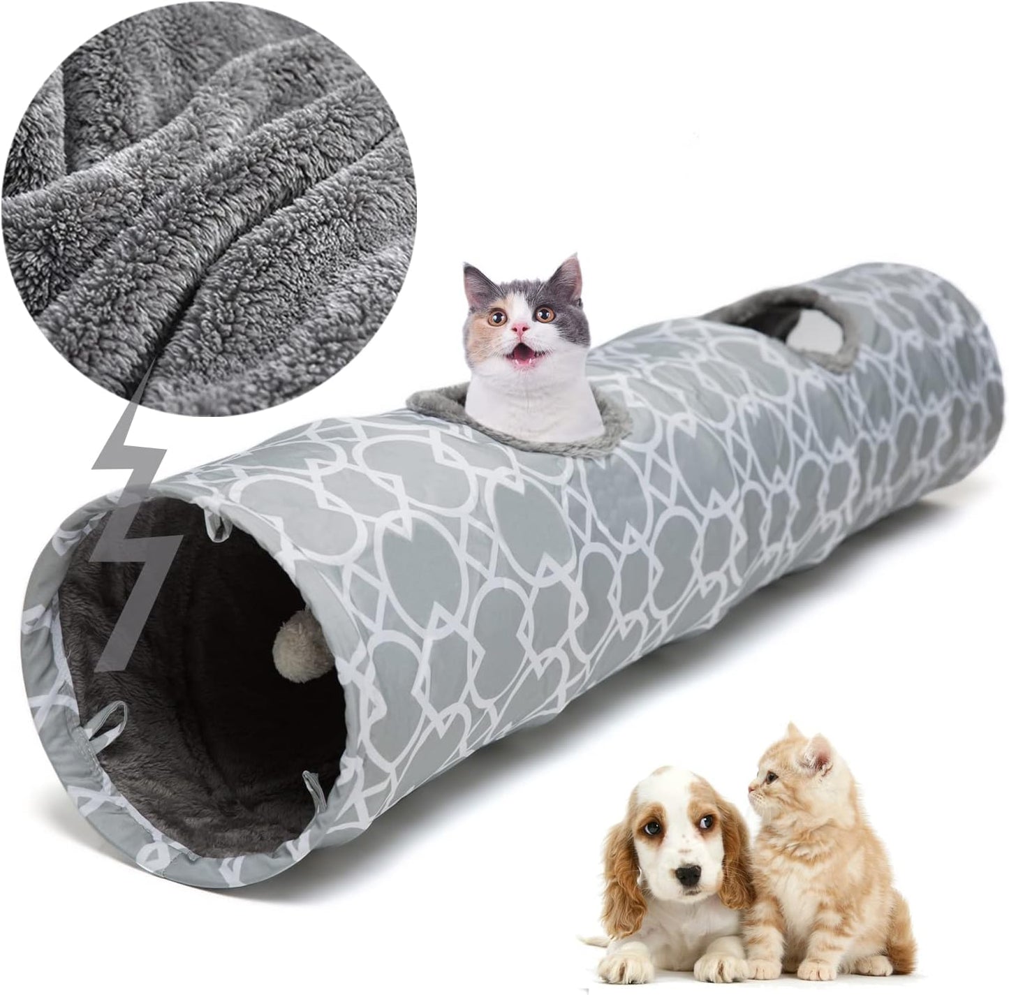 Manufacturer  LUCKITTY Geometric Straight Cat Tunnel with Plush Inside,Cats Toys Collapsible Tunnel Tube with Balls, for Rabbits, Kittens, Ferrets,Puppy, Diameter 9.8 Inch    Cat toy