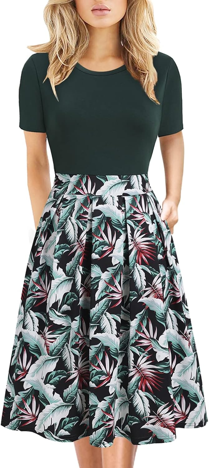 Manufacturer Women's Elegant Knee Length Dresses Vintage 50s Office Casual Floral Print Work Party A-Line Swing Dresses with Pockets 162