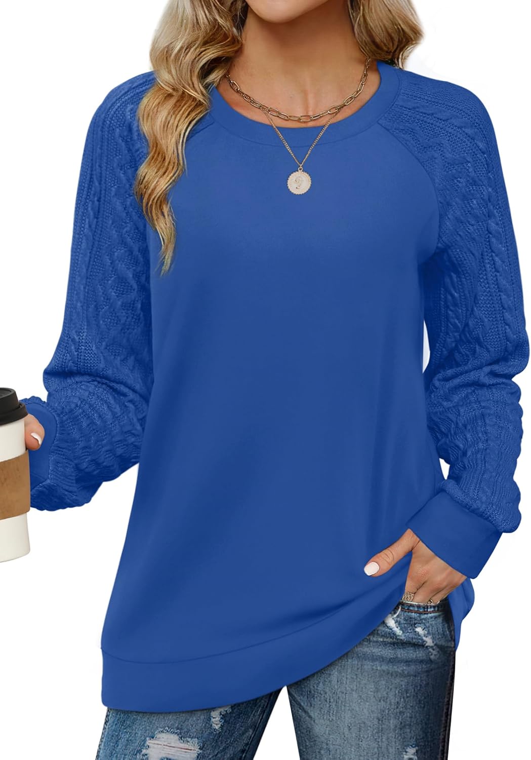 Manufacturer  Saloogoe Sweatshirts for Women Crewneck Cable Knit Sleeve Sweaters Lightweight Fashion   sweaters